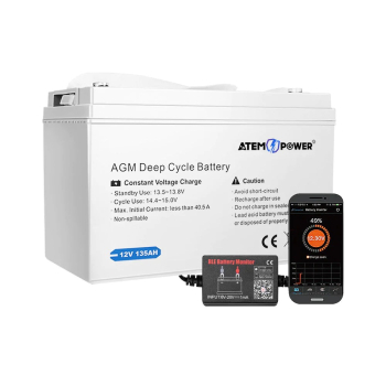 ATEM POWER 135Ah 12V AGM Deep Cycle Battery w/ Battery Monitor